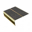 Rake back aluminium stair nosing, 85mm tread, obsidian (dark charcoal) Mor Grip insert, mirrorflect gold finish