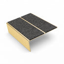 Rake back aluminium stair nosing, 85mm tread, obsidian (dark charcoal) Mor Grip insert, satin gold finish