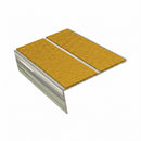 Rake back aluminium stair nosing, 85mm tread, solar (golden yellow) Mor Grip insert, bright polished finish