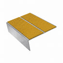 Rake back aluminium stair nosing, 85mm tread, solar (golden yellow) Mor Grip insert, mill finish finish