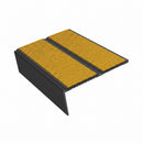 Rake back aluminium stair nosing, 85mm tread, solar (golden yellow) Mor Grip insert, satin black finish
