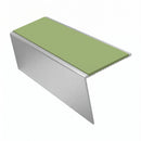 Heavy Duty Rake Back Aluminium Stair Nosing 2.44m, 62 x 56, apple green insert, Satin Silver finish