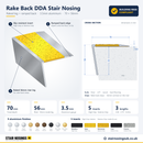 Technical drawing of the 70 x 56mm rake back DDA aluminium stair nosing with ramped back: 70mm tread, 56mm raked riser, 53mm inside leg, 3.5mm gauge, High Grip or Exterior Grip insert