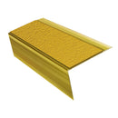 Mirrorflect Gold rake back DDA aluminium stair nosing 70 x 56mm with Brimstone yellow Exterior Grip insert, studio view showing the raked leg and ramped back