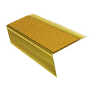 Mirrorflect Gold rake back DDA aluminium stair nosing 70 x 56mm with Solar yellow High Grip insert, studio view showing the raked leg and ramped back