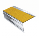 Mirrorflect Silver rake back DDA aluminium stair nosing 70 x 56mm with Brimstone yellow Exterior Grip insert, studio view showing the raked leg and ramped back