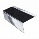 Mirrorflect Silver rake back DDA aluminium stair nosing 70 x 56mm with Coal black Exterior Grip insert, studio view showing the raked leg and ramped back