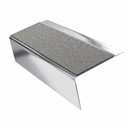Mirrorflect Silver rake back DDA aluminium stair nosing 70 x 56mm with Everest light grey Exterior Grip insert, studio view showing the raked leg and ramped back