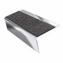 Mirrorflect Silver rake back DDA aluminium stair nosing 70 x 56mm with Obsidian black High Grip insert, studio view showing the raked leg and ramped back
