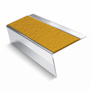 Mirrorflect Silver rake back DDA aluminium stair nosing 70 x 56mm with Solar yellow High Grip insert, studio view showing the raked leg and ramped back