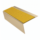 Satin Bronze rake back DDA aluminium stair nosing 70 x 56mm with Brimstone yellow Exterior Grip insert, studio view showing the raked leg and ramped back