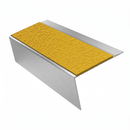 Satin Silver rake back DDA aluminium stair nosing 70 x 56mm with Brimstone yellow Exterior Grip insert, studio view showing the raked leg and ramped back