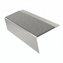 Satin Silver rake back DDA aluminium stair nosing 70 x 56mm with Everest light grey Exterior Grip insert, studio view showing the raked leg and ramped back