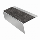 Satin Silver rake back DDA aluminium stair nosing 70 x 56mm with Obsidian black High Grip insert, studio view showing the raked leg and ramped back