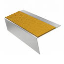 Satin Silver rake back DDA aluminium stair nosing 70 x 56mm with Solar yellow High Grip insert, studio view showing the raked leg and ramped back