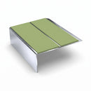 Double Channel Stair Nosing 2.75m Rake Back 93mm Tread, apple green insert, Mirrorflect Silver finish