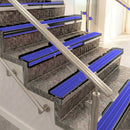 Raked back aluminium stair nosing, black anodised with mid blue castellated insert