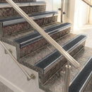 Raked back aluminium stair nosing, polished aluminium with black olympic grip insert