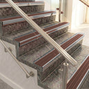 Raked back aluminium stair nosing, polished aluminium with claret castellated insert