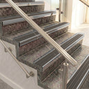Raked back aluminium stair nosing, polished aluminium with granite castellated insert