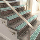 Raked back aluminium stair nosing, polished aluminium with jade castellated insert