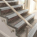 Raked back aluminium stair nosing, polished aluminium with light grey castellated insert