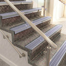 Raked back aluminium stair nosing, polished aluminium with nimbus castellated insert