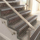 Raked back aluminium stair nosing, polished aluminium with peat castellated insert
