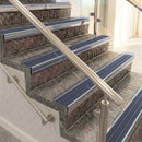 Raked back aluminium stair nosing, polished aluminium with regency castellated insert