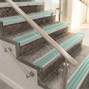 Raked back aluminium stair nosing, satin aluminium with jade castellated insert