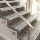 Raked back aluminium stair nosing, satin aluminium with light grey castellated insert