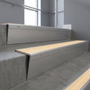 Mill Aluminium raked back aluminium stair nosing 62x55mm with Ivory Castellated infill, fitted to a concrete step