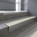 Mill Aluminium raked back aluminium stair nosing 62x55mm with Porth Stone Castellated infill, fitted to a concrete step