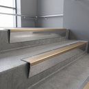 Polished Aluminium raked back aluminium stair nosing 62x55mm with Light Bronze Aluminium infill, fitted to a concrete step