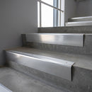 Polished Aluminium raked back aluminium stair nosing 62x55mm with Mill Aluminium infill, fitted to a concrete step