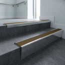 Polished Aluminium raked back aluminium stair nosing 62x55mm with Olive Castellated infill, fitted to a concrete step