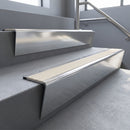 Polished Aluminium raked back aluminium stair nosing 62x55mm with Porth Stone Castellated infill, fitted to a concrete step