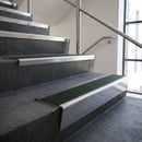 Polished Aluminium raked back aluminium stair nosing 62x55mm with Spruce Castellated infill, fitted to a concrete step
