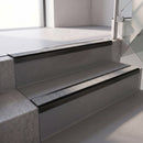 Square edge with ramped back aluminium stair nosing, 70mm tread, everest (light grey) exterior grip insert, satin black finish