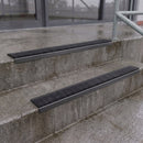 Square edge with ramped back aluminium stair nosing with black gritted exterior grip insert in satin black finish fitted on covered external concrete steps