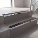 Square edge with ramped back aluminium stair nosing, 70mm tread, obsidian (dark charcoal) Mor Grip insert, bright polished finish