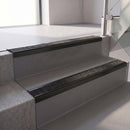 Square edge with ramped back aluminium stair nosing, 70mm tread, obsidian (dark charcoal) Mor Grip insert, satin black finish