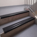 Square edge with ramped back aluminium stair nosing, 93mm tread, obsidian (dark charcoal) Mor Grip insert, satin black finish