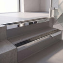 Square edge with ramped back aluminium stair nosing, 70mm tread, obsidian (dark charcoal) Mor Grip insert, bright polished finish