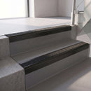 Square edge with ramped back aluminium stair nosing, 70mm tread, obsidian (dark charcoal) Mor Grip insert, satin black finish