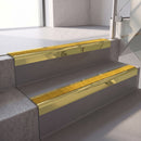 Square edge with ramped back aluminium stair nosing, 70mm tread, solar (golden yellow) Mor Grip insert, mirrorflect gold finish