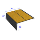 Dimensioned view of ramp back twin channel stair nosing 93 x 38mm with yellow inserts: 93mm tread, 38mm riser, 35mm inside leg