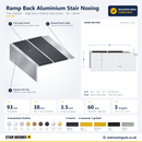 Technical drawing of ramp back twin channel aluminium stair nosing 93 x 38mm: cross-section with 93mm tread, 38mm riser, 35mm inside leg, 3.5mm gauge, High Grip and Exterior Grip insert options
