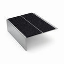 Ramp back twin channel aluminium stair nosing 93 x 38mm in Satin Silver, two Coal gritted Exterior Grip inserts