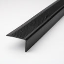 Black flexible PVC retrofit stair nosing, 62mm ribbed tread with bevelled edge and 36mm downturn, on a white background